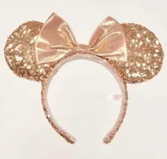 ディズニー　カチューシャ　スパンコール　リボン　ミニー　ピンクゴールド