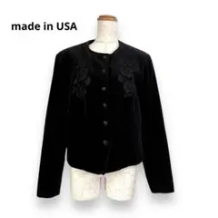 ヴィンテージ USA製 バラ刺繍 ノーカラー ベルベットジャケット 黒 Y128
