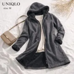 ユニクロ　UNIQLO ボアフリース コート ロング グレー ヘリンボーン M