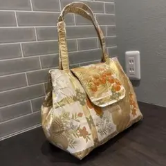 ハンドメイド　リメイク　帯　和風バッグ　金色花柄刺繍