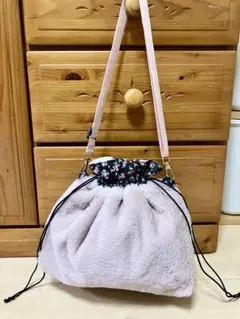 巾着型ショルダー★くすみピンク★ファーバッグ