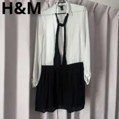 H&M バイカラーボウタイリボンワンピ長袖 シアーブラウスネクタイ白黒36