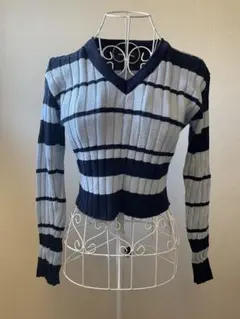 ボーダー リブニット セーター 紺✖️水色 レディース