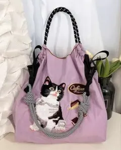 2WAY 猫　可愛い　Mサイズ　ショルダー紐つき　刺繍　エコバッグ　トートバッグ