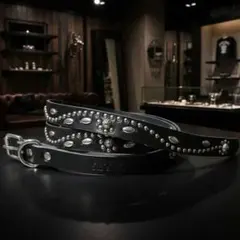 フラワー銀■本革レザーフルスタッズナローベルト☆アメカジ古着ヴィンテージキムタク