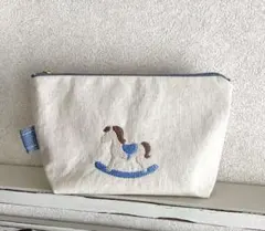 ロッキングホース刺繍のポーチ・小物入れ水色