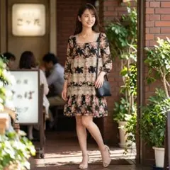G518*アクシーズファム☆花柄レース☆ワンピース☆シフォン☆ティアード☆黒☆M