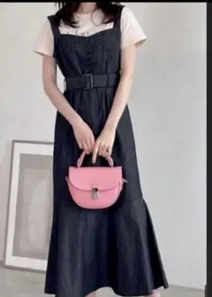 美品GRL ベルト付スラブデニムマーメイドジャンパースカートワンピース