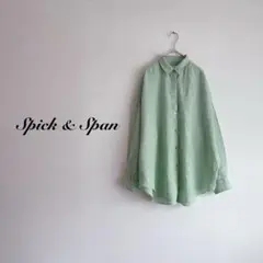 【美品】スピックアンドスパン リネン ビッグシャツ 細ストライプ 緑 グリーン