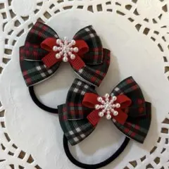 ハンドメイド ヘアゴム クリスマス 赤リボン 雪の結晶 a176