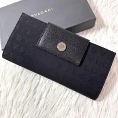 箱付き極美品✨ロゴマニア】BVLGARI 三つ折り長財布 黒 キャンバス 本