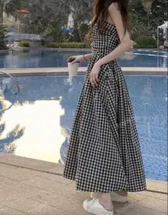 韓国　チェックワンピース
