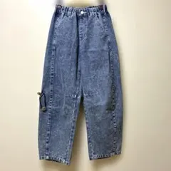 バレルレッグデニムパンツ ウエストゴム，ケミカルウォッシュ，ヘアゴムおまけ付き