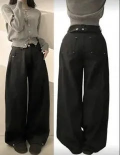 ブラックワイドパンツ デニム風 ボタン付き
