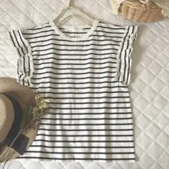 新品★サマンサモスモス★blue ★ボーダー＊フリル＊フレンチスリーブＴシャツ