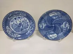 伊万里　有田焼　瑞陶作　松竹梅　染付　孔雀と牡丹，山水画　大皿　2枚セット
