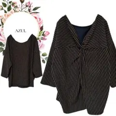 【アズール】AZUL♡Ｖネックカットソー【М】ストライプ♡前中心スリット♡紺系