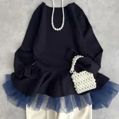 ジェンヌ ニット セーター ペプラム チュール フリル ネイビー ブルー L