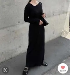 RANAN 【全骨格細見え】アシメネックリブワンピース　ブラックLL