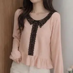 axes femme 長袖カットソー ピンク レース装飾のサムネイル