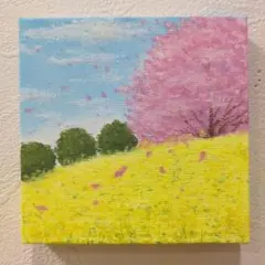 原画：ハガキサイズ】 湖畔の桜並木 オイルパステル画 - メルカリ