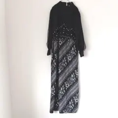 パール シアースリーブ 花柄 ロングワンピース XLブラック パーティドレス