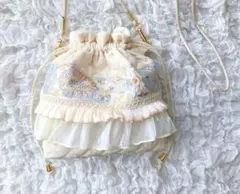 インド刺繍リボン と フリル の 巾着ショルダーバッグ ポーチ