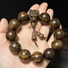 天然虎皮檀木 数珠ブレスレット 獣頭彫刻 ひょうたん 木製念珠 虎斑ハンドメイド