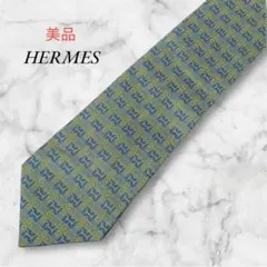 【極美品】エルメス／シルクネクタイ グリーン 幾何学模様 フランス製のサムネイル