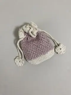 【handmade】手編み 毛糸 ミニポーチ ミニ巾着袋 花モチーフ