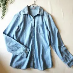 ナチュラルビューティ『Ｌ』やわらかデニム ライトブルー 長袖 シャツ 細身ライン