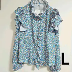 花柄 ブラウスフリルブラウス フリル 花柄 小花柄 水色 レディース 韓国 L