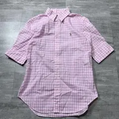 美品 ラルフローレン ギンガムチェック 半袖シャツ ピンク ホースロゴ刺繍 S