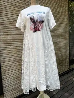 ジュエティドッキングロックワンピース　ロングワンピ　Tシャツワンピ　綿　白　〜L