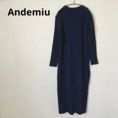 Andemiu リブフカスリットロングニット ネイビー