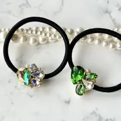 【限定セット】グリーン系　ストーン　キラキラ　ビジュー　ヘアゴム　ハンドメイド