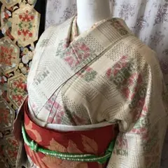 萌黄色 絣模様 紬着物 名古屋帯 セット