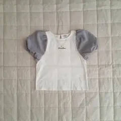 メゾピアノ　Tシャツ　ネックレス　パフスリーブ　チェック　ホワイト