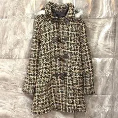 ツイード ロングダッフルコート【M】フード付き 贅沢マルチカラー 冬 大人女子
