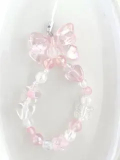 ピンクリボン〰︎︎ビーズストラップ 約14cm B834