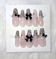 ネイルチップ ハンドメイド ロングバレリーナ ツイード ワンホン 韓国 スナ系