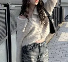 オフショルダーニットセーター　アイボリー