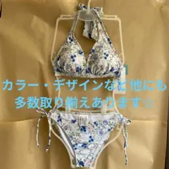 品が良く可愛く紐パンでセクシー♡ホルターネックビキニ M ブルー ホワイトのサムネイル