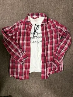 赤白チェック長袖シャツとTシャツセット　ハニーズ