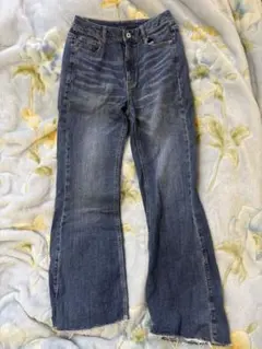 ダメージ加工 ダークブルー フレアパンツ Lサイズ