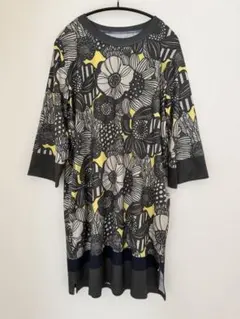 【新品】北欧風ラインフラワープリント 七分袖 ワンピース・チュニック イエロー