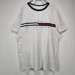 TOMMY HILFIGER　リンガー　Tシャツ　M　フラッグロゴ　刺繍　古着