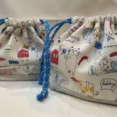 ねこ柄 お弁当袋 巾着セット ハンドメイド ランチバック　レトロ