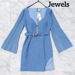 新品タグ付き Jewels シアーロングスリーブベルトミニドレス スカイブルー