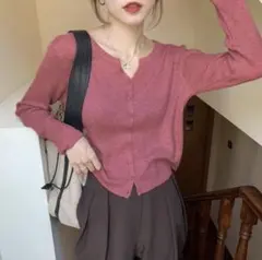 リブニットカーディガンピンク M Ｖネックカットアウト柔らか春　4/20まで限定